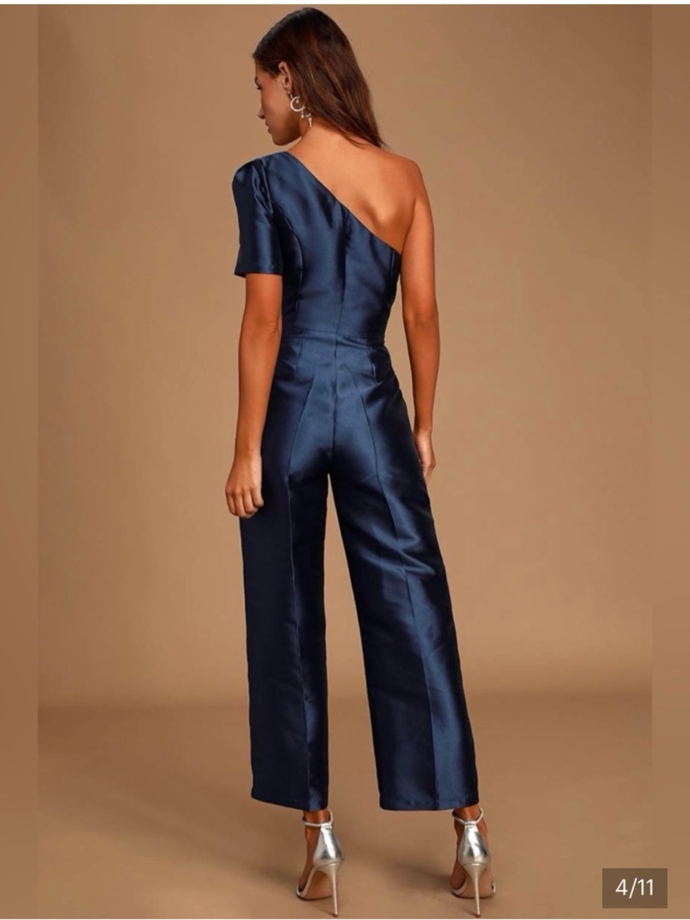 One-Shoulder Navy Satin Jumpsuit XS - Picture 3 of 5